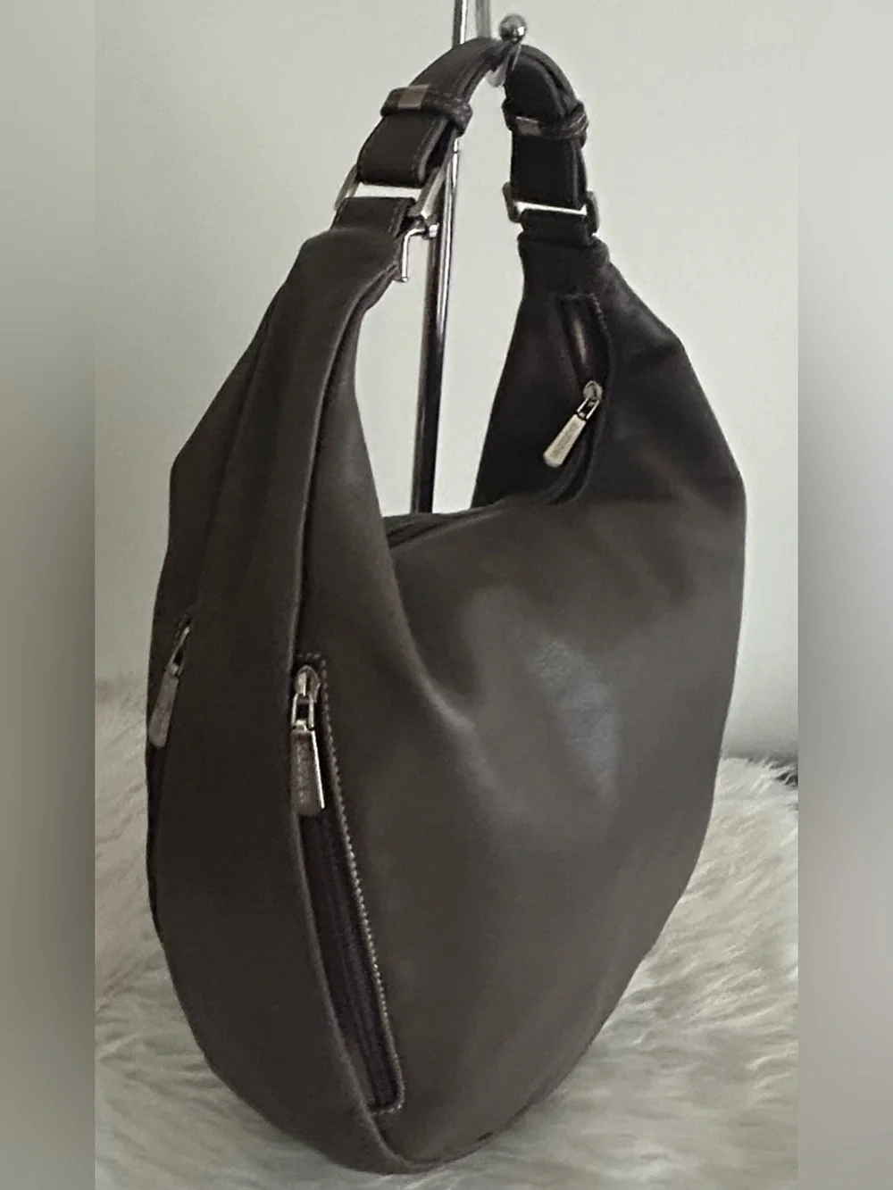 Sabrina Gray Leather Hobo Shoulder Bag Slouchy Everyday Purse